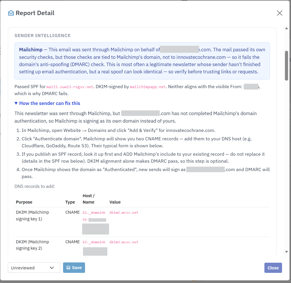 Expanded SPF and DKIM remediation panel inside the Lavawall Phishing Reporter taskpane, with the exact CNAME and TXT records the sender&rsquo;s admin needs to publish to fix DMARC alignment for their Mailchimp campaigns